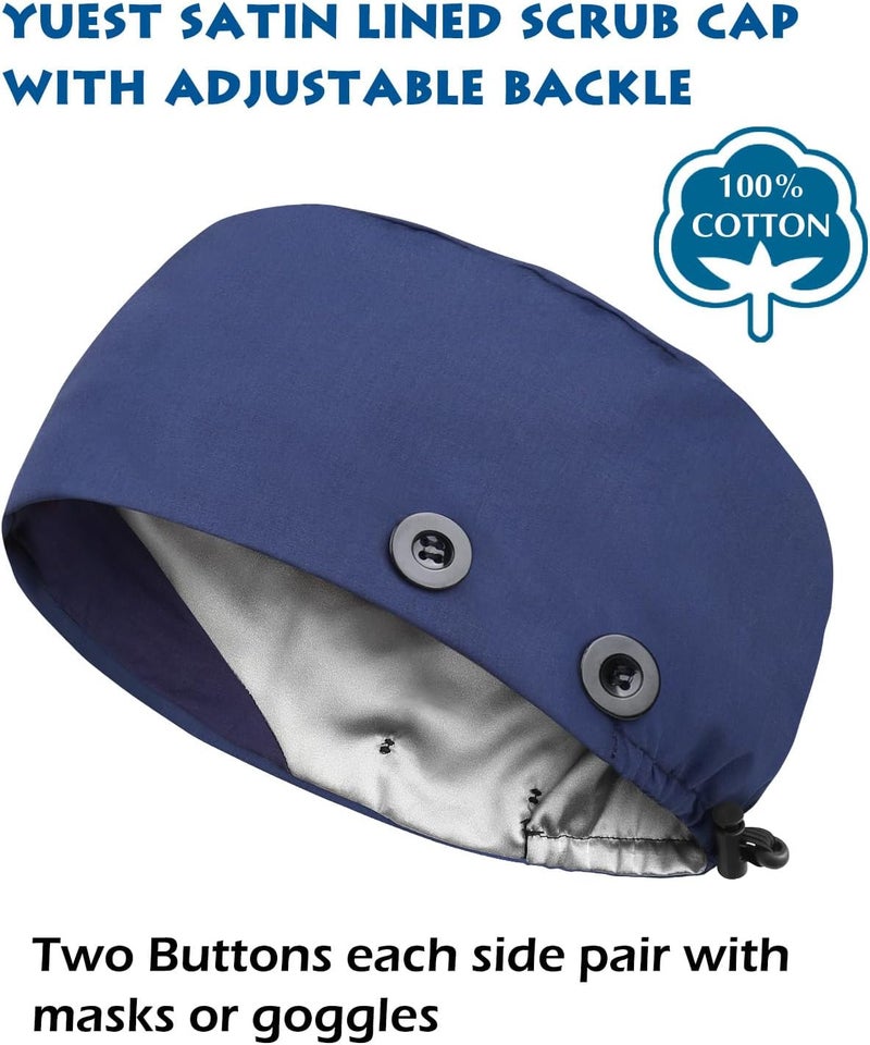 Yuest Adjustable Scrub Caps for Women Men - 4 Mask Attachment Buttons & Satin Lined Scrub Caps - Image 3